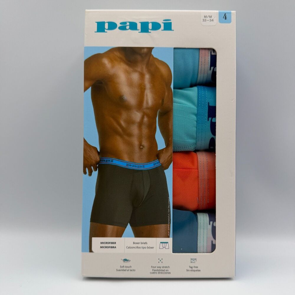 Papi Men’s Microfiber Boxer Briefs 4-Pack Contour Pouch Stretch M (32-34) NIB